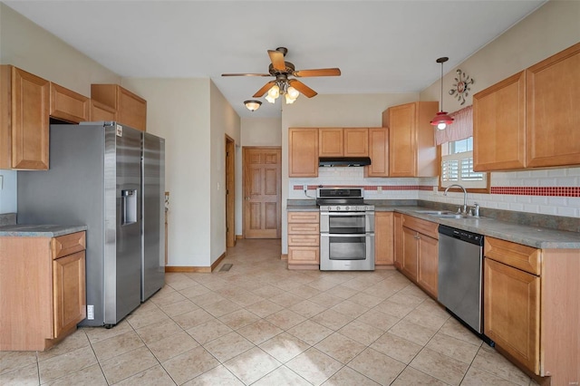 kitchen with pendant lighting, sink, ceiling fan, tasteful backsplash, and stainless steel appliances