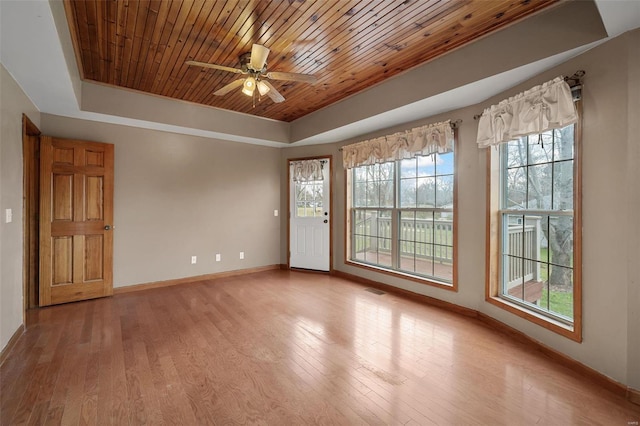 unfurnished room featuring plenty of natural light, light hardwood / wood-style floors, wood ceiling, and ceiling fan