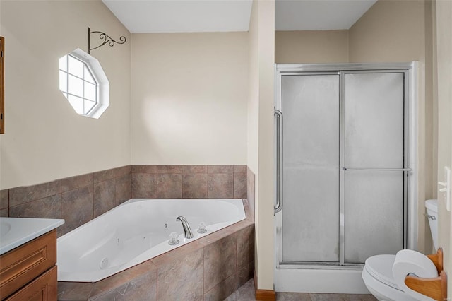 full bathroom featuring vanity, toilet, and plus walk in shower