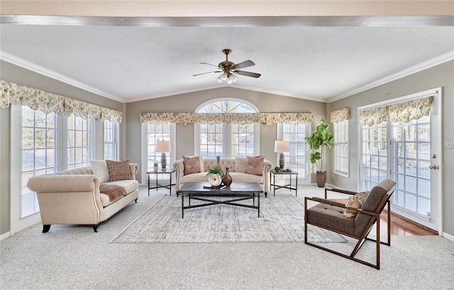 sunroom / solarium with ceiling fan and vaulted ceiling