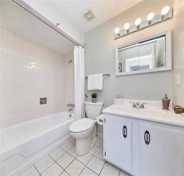 full bathroom with toilet, tile patterned floors, vanity, and shower / bathtub combination with curtain