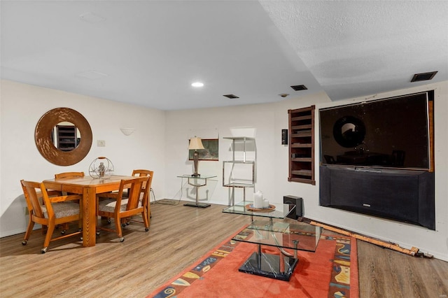 living room with light hardwood / wood-style floors and a textured ceiling