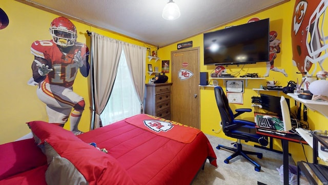 carpeted bedroom with a textured ceiling and lofted ceiling