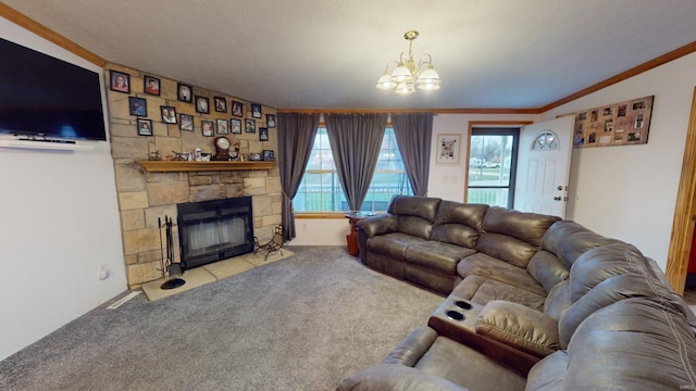 living room with a fireplace, a wealth of natural light, crown molding, and carpet