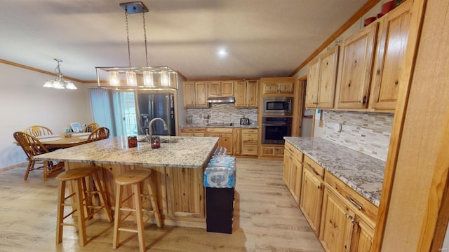 kitchen with light hardwood / wood-style flooring, ornamental molding, an island with sink, appliances with stainless steel finishes, and decorative light fixtures