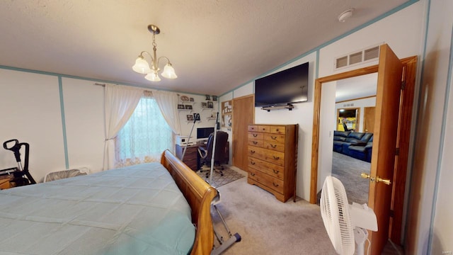 bedroom with carpet flooring, a textured ceiling, a chandelier, and lofted ceiling