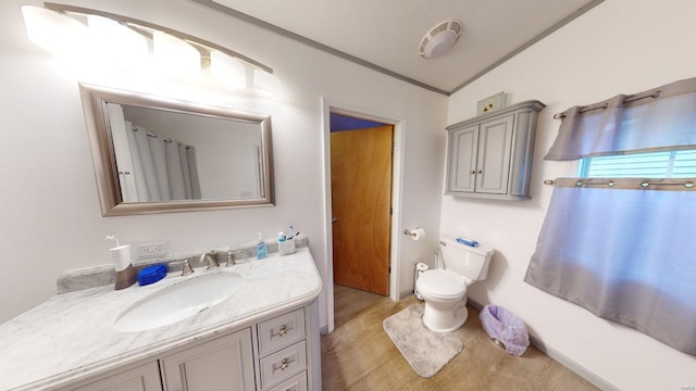 bathroom featuring hardwood / wood-style flooring, vanity, toilet, and lofted ceiling