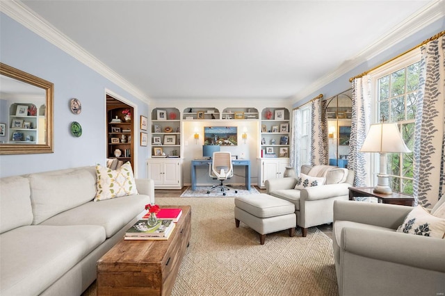 living room with built in features and crown molding