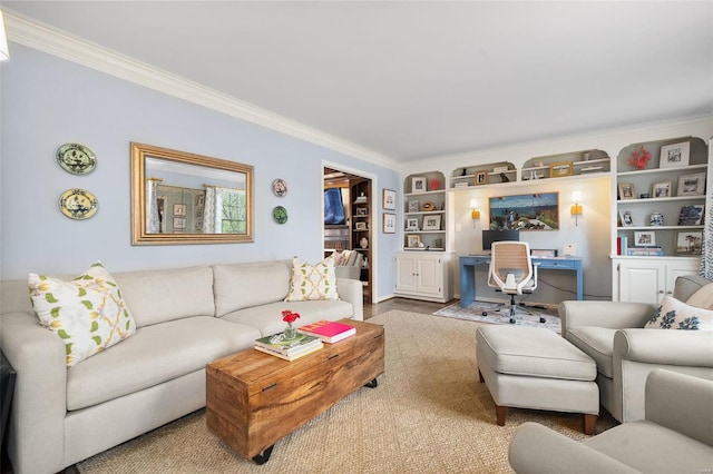 living room with hardwood / wood-style flooring, built in features, and ornamental molding