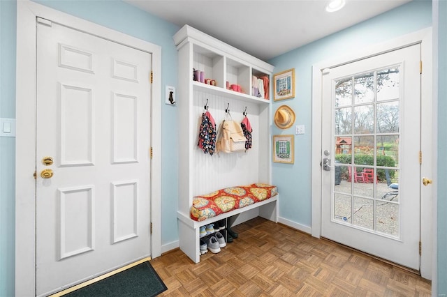 mudroom featuring light parquet floors