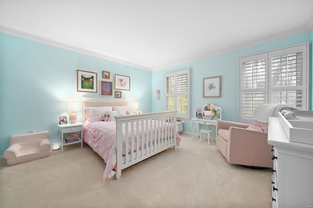 carpeted bedroom featuring multiple windows and ornamental molding