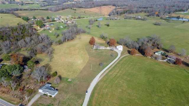 birds eye view of property featuring a rural view and a water view