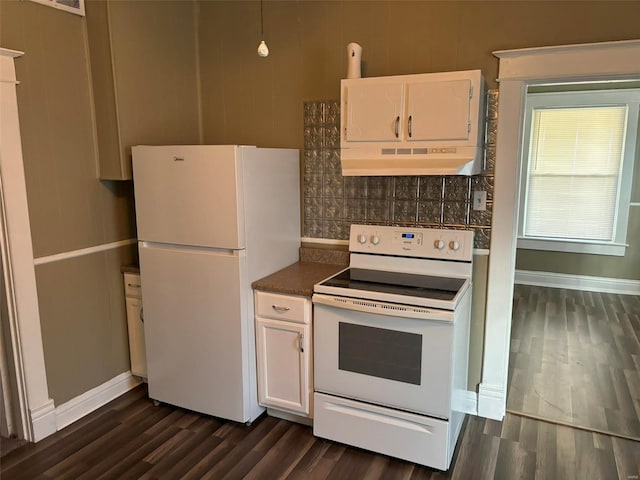 kitchen featuring decorative backsplash, white cabinetry, dark hardwood / wood-style flooring, and white appliances