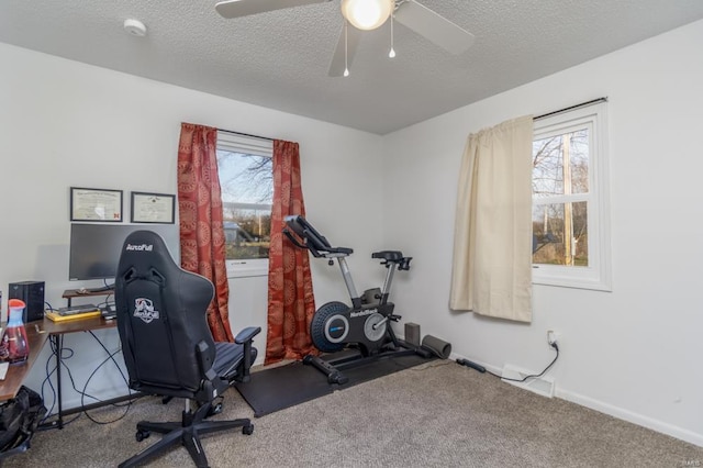 workout area with ceiling fan, plenty of natural light, carpet floors, and a textured ceiling