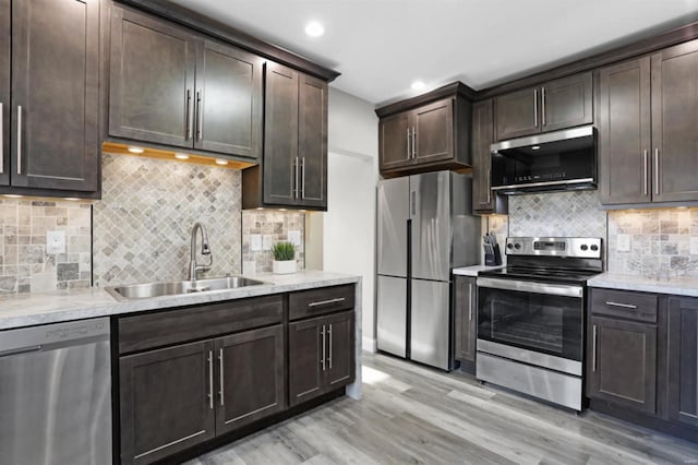 kitchen featuring backsplash, sink, light hardwood / wood-style flooring, dark brown cabinets, and stainless steel appliances