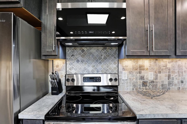 kitchen with dark brown cabinets, backsplash, and stainless steel appliances