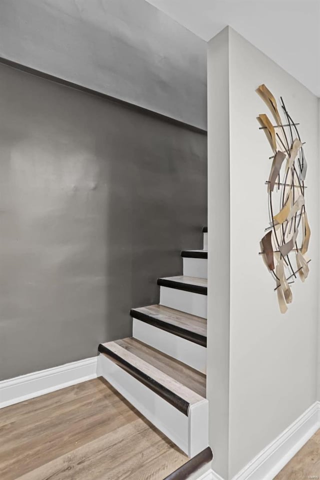 stairway featuring wood-type flooring