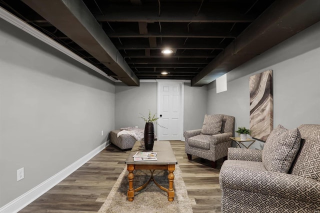 basement with hardwood / wood-style flooring