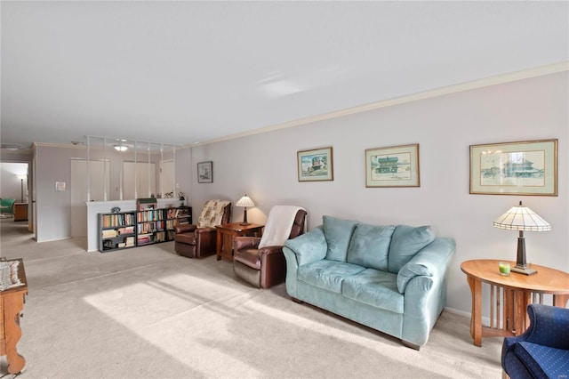 living room featuring light carpet and ornamental molding