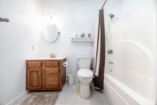 full bathroom featuring vanity, tile patterned flooring, shower / bathtub combination with curtain, and toilet