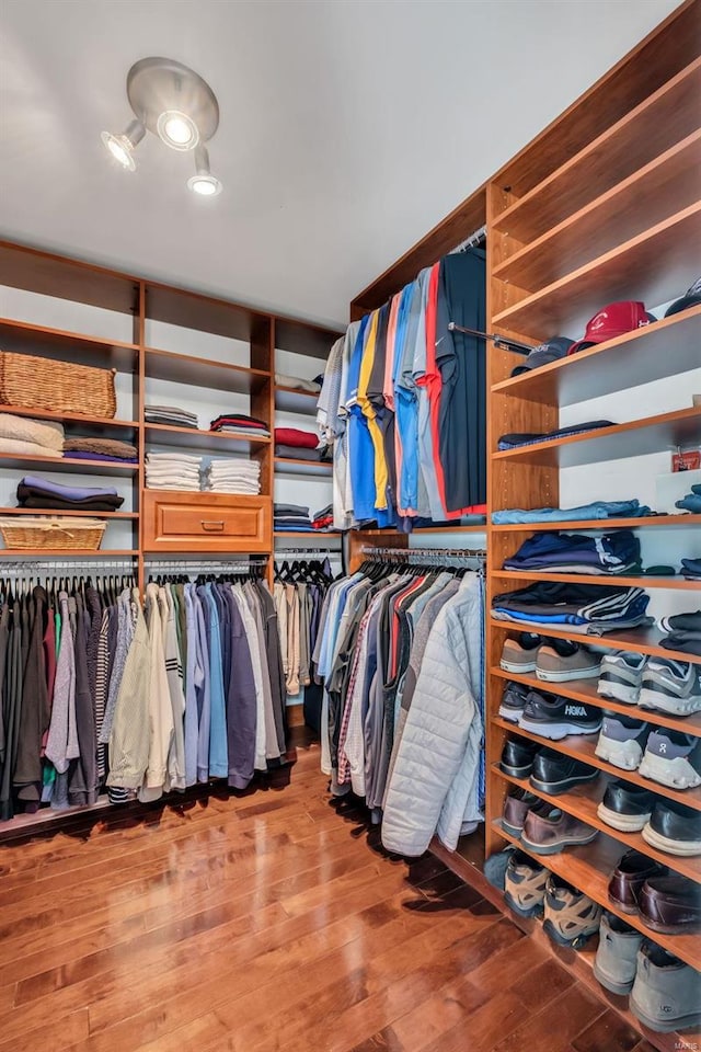 walk in closet with hardwood / wood-style flooring