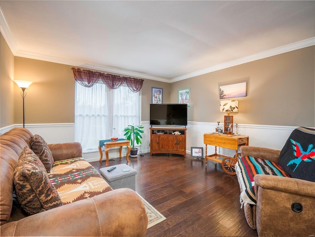 living room featuring dark hardwood / wood-style flooring and ornamental molding