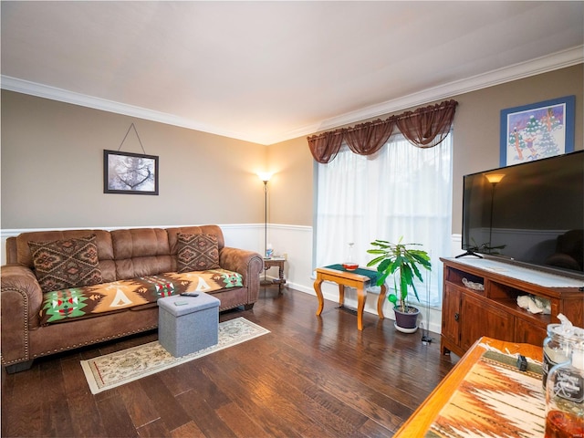 living room with crown molding and dark wood-type flooring