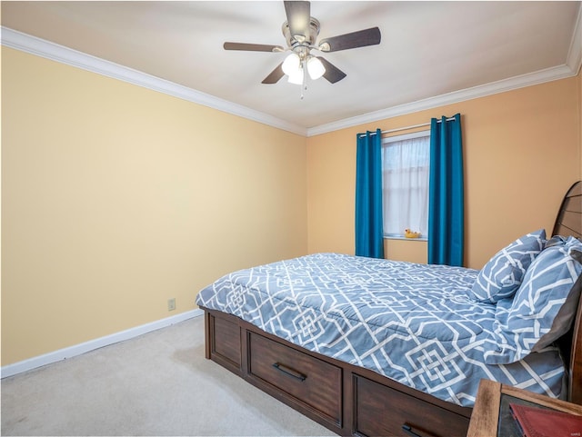 bedroom with ceiling fan, crown molding, and light colored carpet