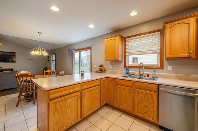 kitchen with an inviting chandelier, sink, stainless steel dishwasher, decorative light fixtures, and kitchen peninsula