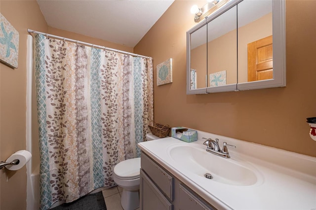 bathroom featuring tile patterned floors, walk in shower, vanity, and toilet