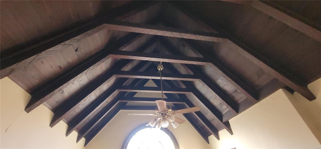 interior details with beamed ceiling, ceiling fan, and wood ceiling