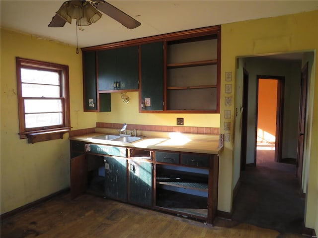 kitchen with ceiling fan, dark wood-type flooring, and sink