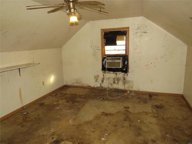 additional living space featuring ceiling fan, cooling unit, and vaulted ceiling