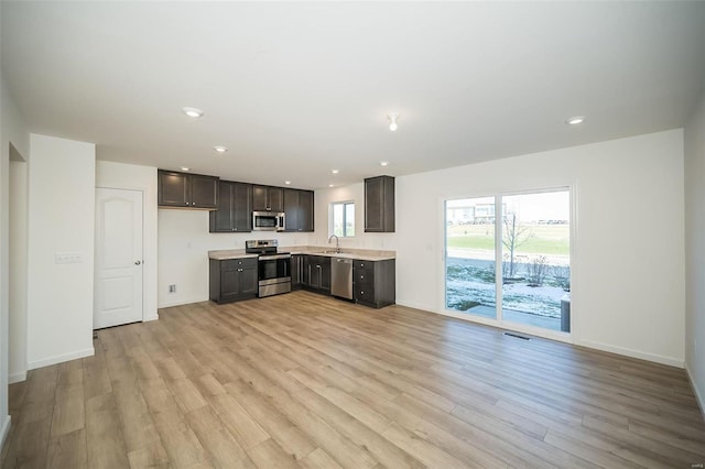 kitchen with appliances with stainless steel finishes, light hardwood / wood-style floors, and sink