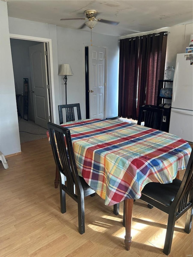 dining room with ceiling fan and light wood-type flooring