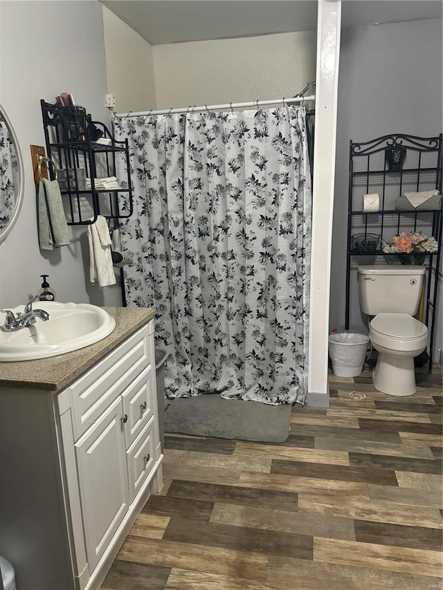 bathroom featuring hardwood / wood-style floors, vanity, and toilet