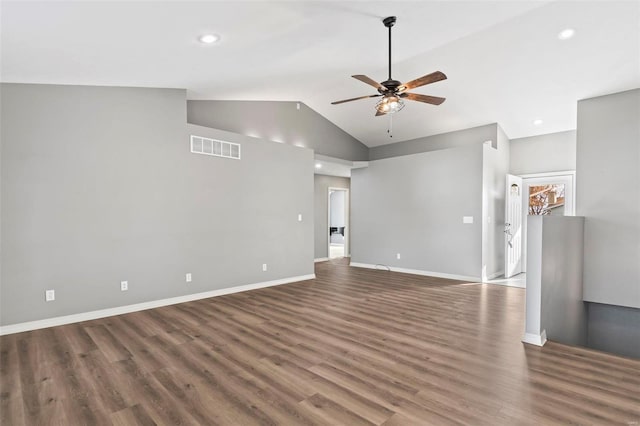 unfurnished living room with ceiling fan, dark wood-type flooring, and high vaulted ceiling