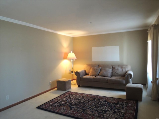 carpeted living room with ornamental molding