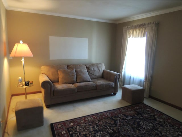 carpeted living room featuring crown molding