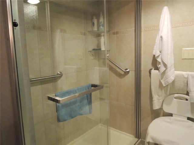 bathroom with a shower with shower door