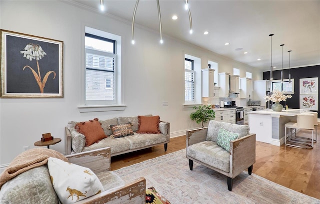 living room with light hardwood / wood-style flooring and crown molding