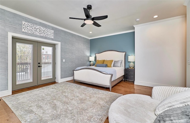 bedroom with access to exterior, ceiling fan, french doors, and light hardwood / wood-style floors