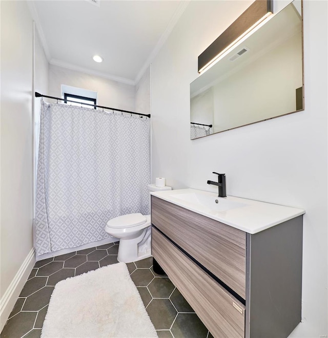 bathroom with ornamental molding, vanity, tile patterned flooring, toilet, and curtained shower