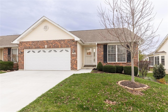 ranch-style home featuring a garage and a front lawn