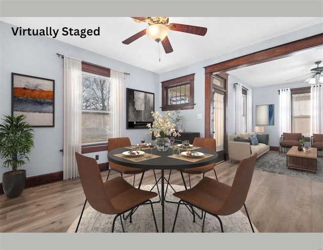 dining space featuring light hardwood / wood-style flooring and ceiling fan