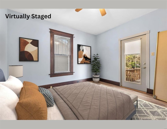 bedroom featuring access to exterior, ceiling fan, and light hardwood / wood-style floors