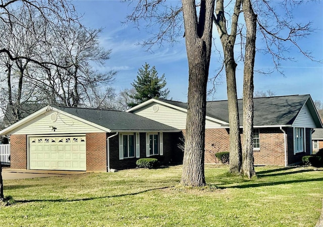 single story home featuring a garage and a front lawn