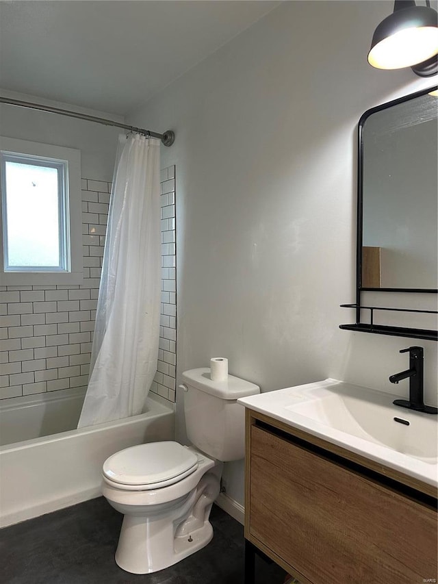 full bathroom featuring vanity, shower / tub combo, and toilet