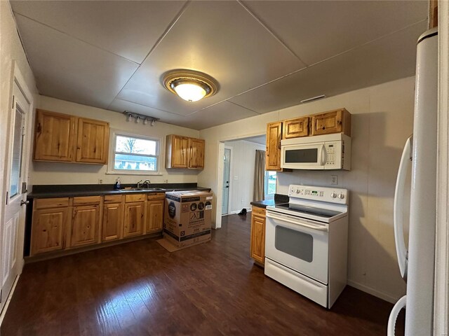 kitchen featuring white appliances, dark hardwood / wood-style floors, and sink