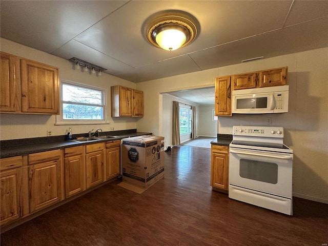 kitchen with dark hardwood / wood-style flooring, white appliances, and sink